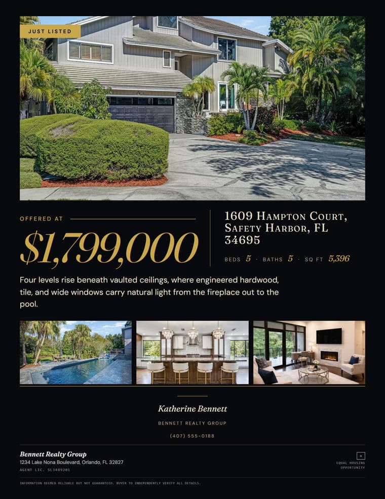 Luxury flyer for 1609 Hampton Court, rendered from the sample kit