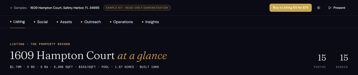 The finished kit with its Listing, Social, Assets, Outreach, Operations and Insights tabs