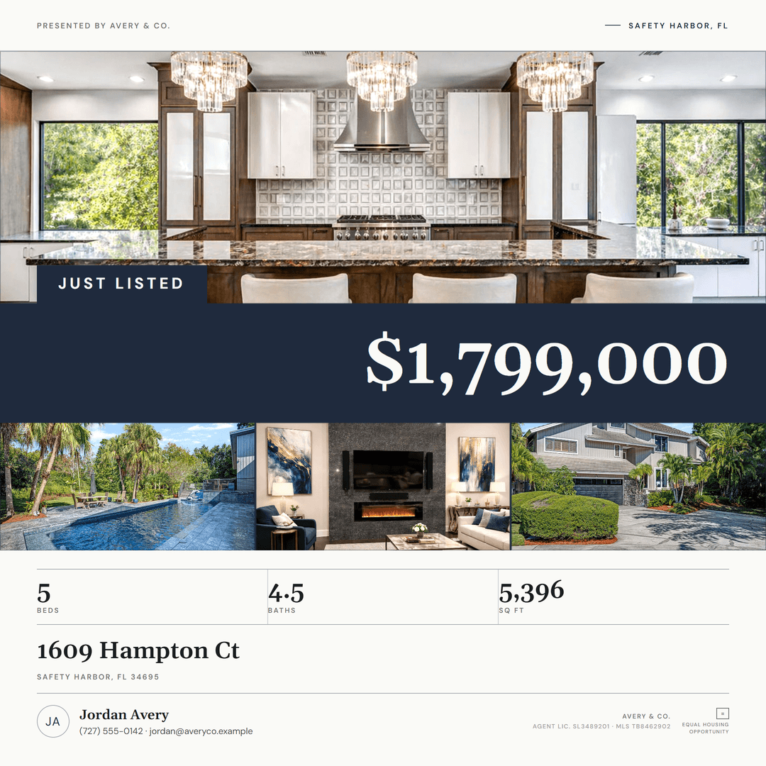 A KitClosed marketing card for a demonstration listing: the address, price, and specs are typeset from the listing record, with the Equal Housing Opportunity mark baked in.