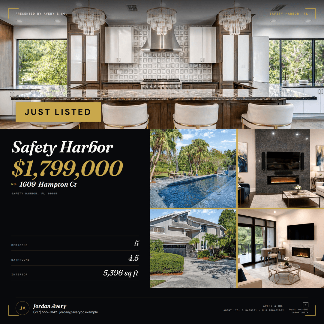 A KitClosed marketing card for a demonstration listing: the address, price, and specs are typeset from the listing record, with the Equal Housing Opportunity mark baked in.